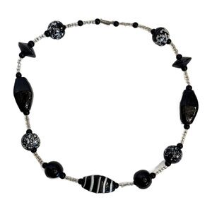 Vintage Chunky Lampwork Glass Beaded Necklace Black White Monochrome Artistic